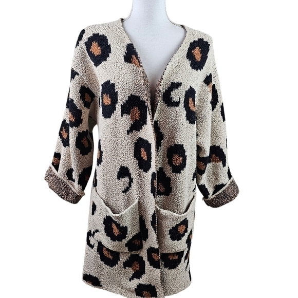 Snow Leopard Animal Print Oversized Teddy Sherpa Cardigan Coat in L - Picture 1 of 7